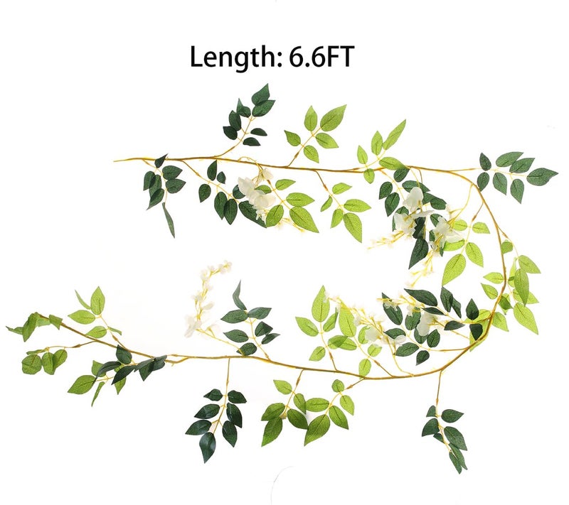UUPP 2Pcs 6.6Ft Artificial Flowers Vines Silk Wisteria Artificial Garlands Fake Hanging Green Leaf Flower Ivy Vines for Home Garden Wedding Arch Decor, White - Image 5